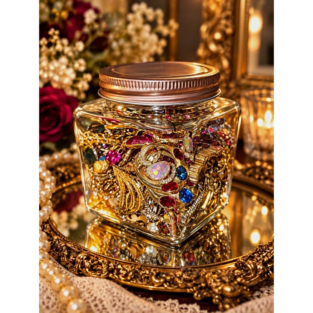 Gold Tone Jewelry Jar Lot | Rhinestone Sparkle Mixed Wearable Jewelry Treasure
